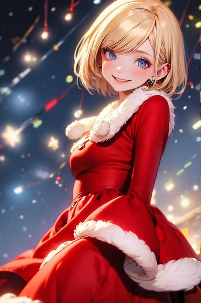 fotorrealista, (4k), profundidad de campo, (Obra maestra), Takemichi, femenina, ojos azules, perfecto cabello rubio, perfecto, rostro bien detallado, vertido , Christmassy, cuerpo completo femenina, fondo Christmassy vestido 