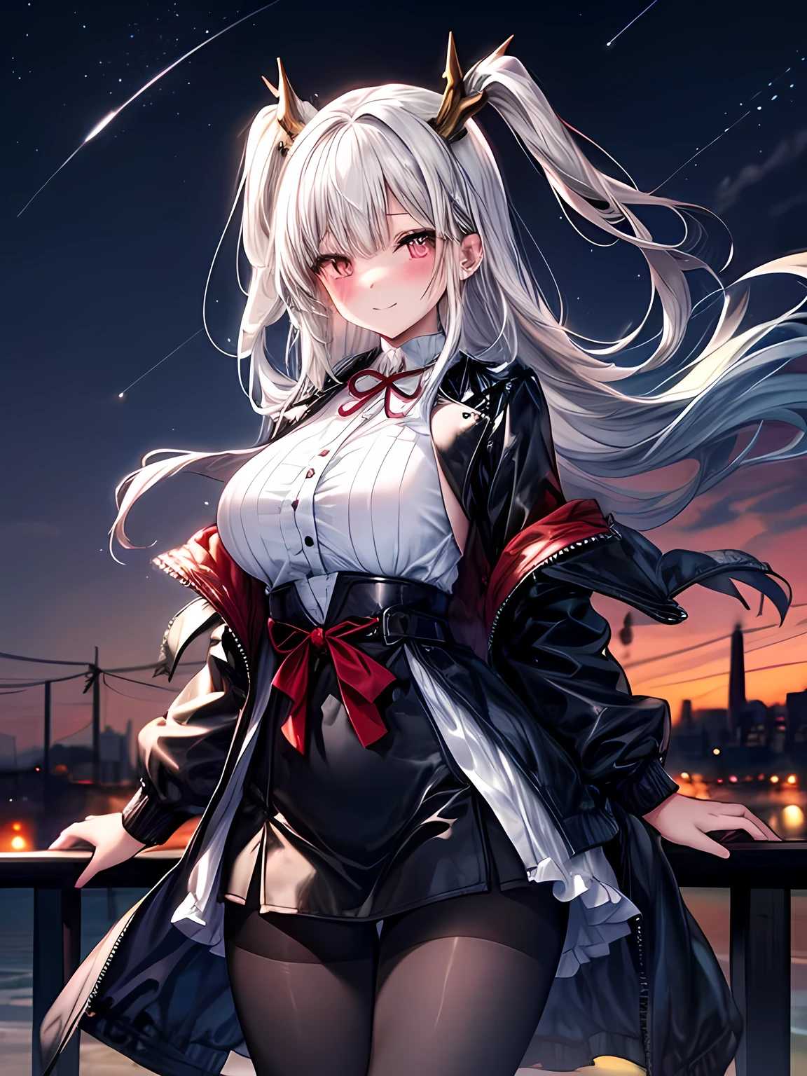 highly detailed, masterpiece, best quality, 1girl, solo, shimanto, large_breasts, smile, blush, looking_at_viewer, blush, cowboy_shot,standing, (black jacket), night, urban, outside, starry_night, pantyhose, white shirt,
