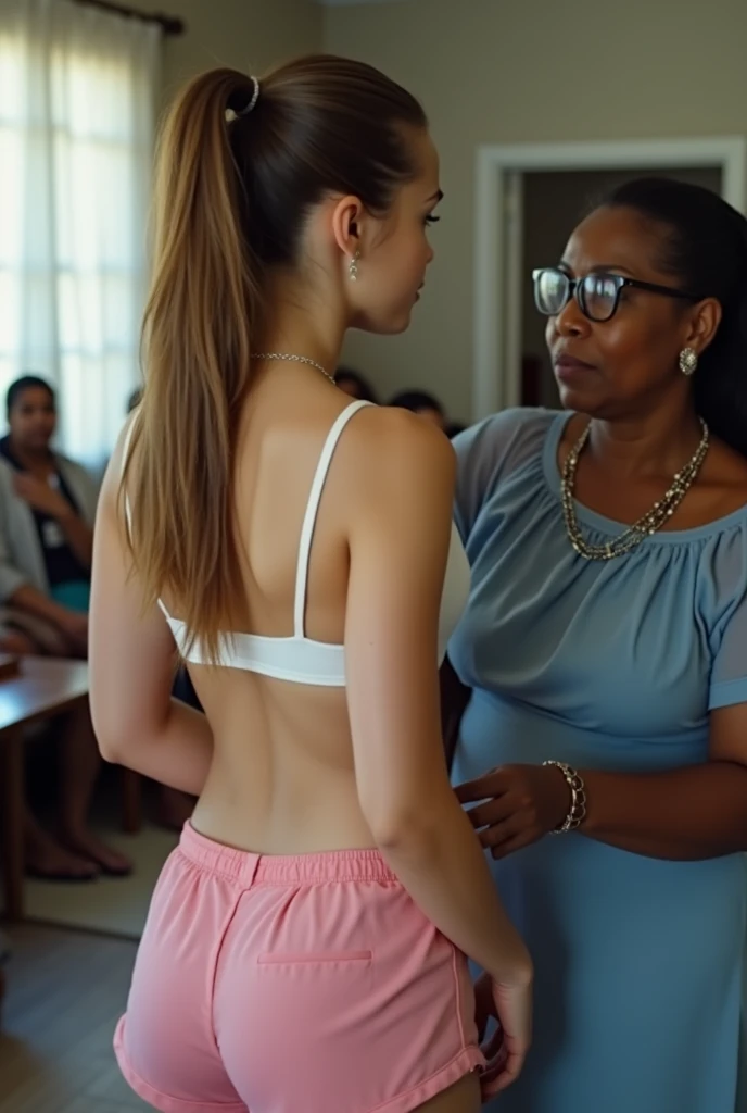 Create a photo of a 30 year old young woman, with long light brown hair tied in a ponytail with strands of hair on the face, slender and beautiful body, wearing only a white thong and no bra with bare breasts, with white and clear skin, she has her back to the camera and her panties are being removed by two black teenagers, dark-skinned, obese, ugly, low, with short hair who is wearing a blue dress and glasses