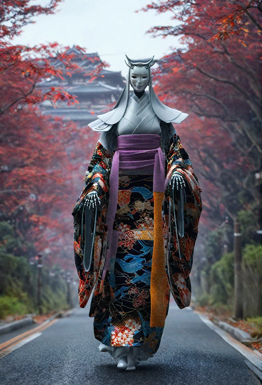 Creating an image of a female android in a beautiful kimono walking through the streets of Kyoto. The style is terrible, and the fusion of humans and robots has a mysterious and creepy atmosphere amidst the beauty. In the background is an old Japanese cityscape. It has a long neck made of machines and wears a mask. Imagine a strange and eerie picture - Ar 9:16.
creepy atmosphere, fusion, horror, Japanese cityscape, long neck, robots, v 6