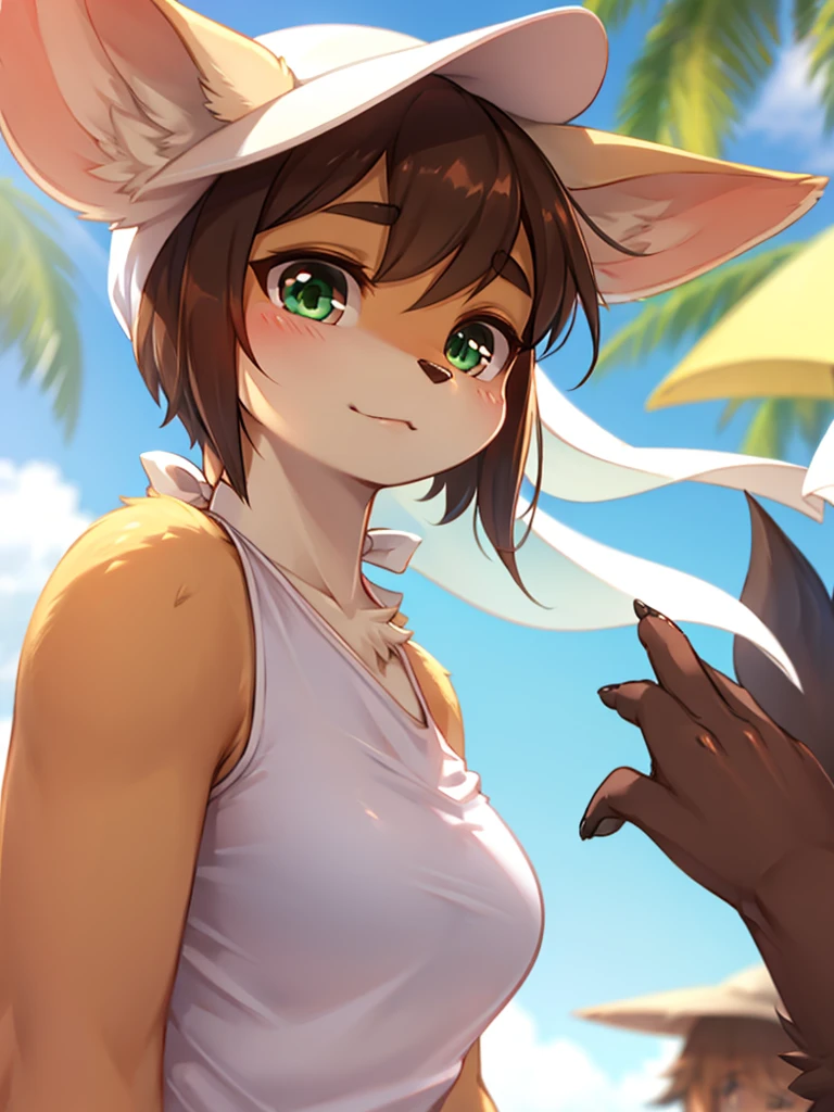 skinny rabbit mom , round face , (tilt face:1.1) , (half-open wink:1.2) , moist round eyes , Swollen cheeks , dark color hair , Maternal smile , glossy lips , (naked:1.2) , (sloppy swimsuits Faded bodypaint) , melting paint , erect nipple , natural tits , sunny beach , Surrounded by many casual wear rabbit-Men , back shot