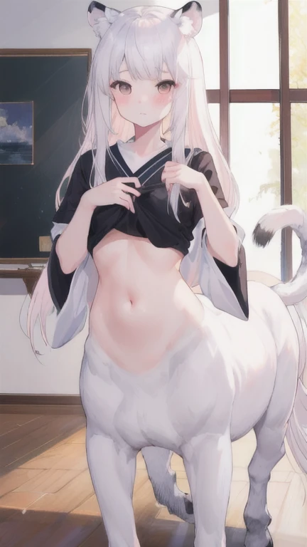 (best quality, masterpiece), 1 girl, centaur, I beg, White skin, Japanese schoolgirl, daughter, black pink, exposing the abdomen, nudity , beautiful girl perfect, White tiger photo, 완벽한 White tiger photo