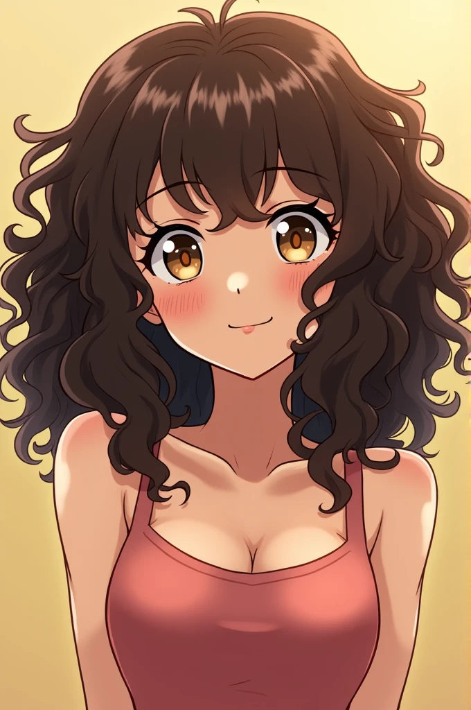 A female anime character with curly hair, brunette skin