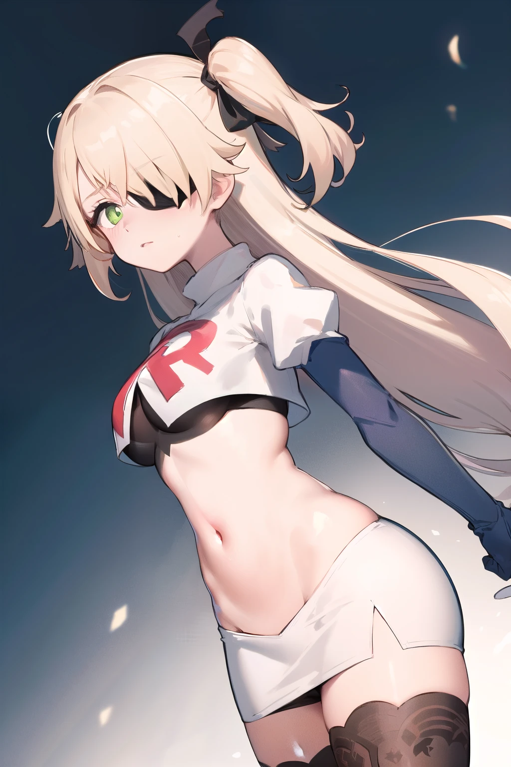 masterpiece, best quality, absurdres, fischl (dunkelnacht sakrament) (genshin impact), green eyes, (white pupils:1.1), fischl (genshin impact), 1girl, solo, breasts, two side up, eyepatch, blonde hair, long hair, looking at viewer, hair over one eye, medium breasts, bangs, hair ribbon, ribbon, cowboy shot, team rocket,team rocket uniform,white skirt,red letter R,crop top,black thigh-highs,black elbow gloves, embarrassed, blush