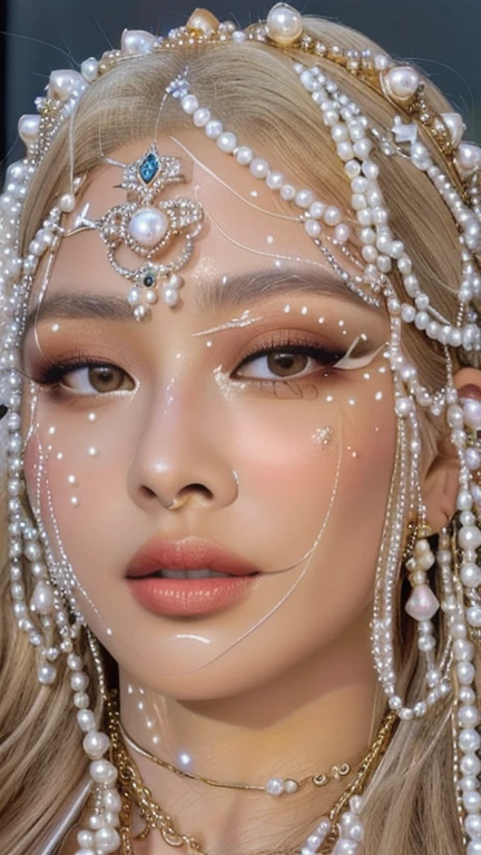 a close up of a woman with pearls on her head and golden eyes, beautiful animal pearl queen, pearls, inspired by Hedi Xandt, wearing a bejeweled mask, pearls and chains, covered in crystals and glitter, inspired by Pearl Frush, forehead jewelry, covered in jewels, draped in crystals, pop makeup style, strings of pearls, crystal face