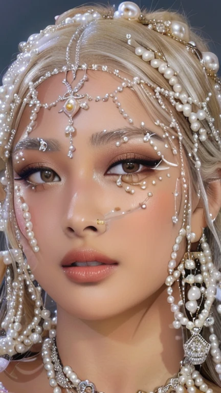 a close up of a woman with pearls on her head and golden eyes, beautiful animal pearl queen, pearls, inspired by Hedi Xandt, wearing a bejeweled mask, pearls and chains, covered in crystals and glitter, inspired by Pearl Frush, forehead jewelry, covered in jewels, draped in crystals, pop makeup style, strings of pearls, crystal face