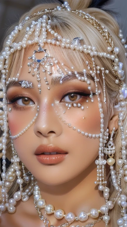 a close up of a woman with pearls on her head and golden eyes, beautiful animal pearl queen, pearls, inspired by Hedi Xandt, wearing a bejeweled mask, pearls and chains, covered in crystals and glitter, inspired by Pearl Frush, forehead jewelry, covered in jewels, draped in crystals, pop makeup style, strings of pearls, crystal face