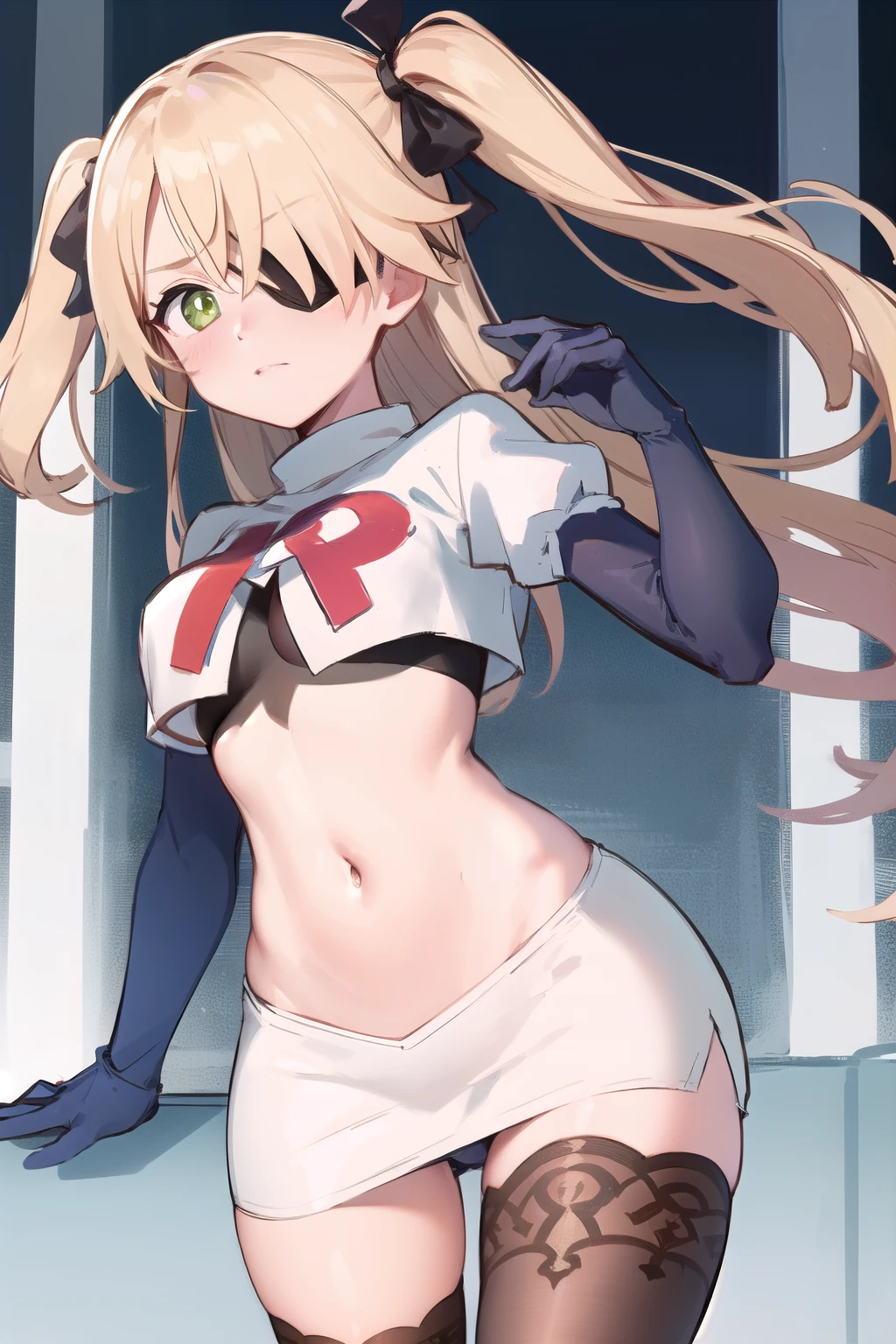 absurdres, fischl (dunkelnacht sakrament) (genshin impact), green eyes, (white pupils:1.2), fischl (genshin impact), medium_breasts, blonde hair, eyepatch, long hair, hair over one eye, bangs, hair ribbon, small breasts, 1girl, team rocket,team rocket uniform,white skirt,red letter R,crop top,black thigh-highs,black elbow gloves, laughing, happy, blush