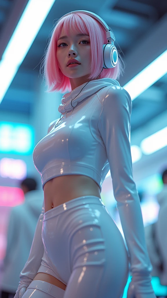 High definition, top quality, shiny white and pink and light blue bunny girl, smile, big cheekbones, so huge breasts, huge ass, 30 year old woman, alone, facing the front, sitting and opening crotch, showing crotch to viewer, wet ass, wet crotch, long nails, cyberpunk background with glowing neon, detailed crotch, no clothing, crotch with realistic texture, realistic texture breasts, areola is visible