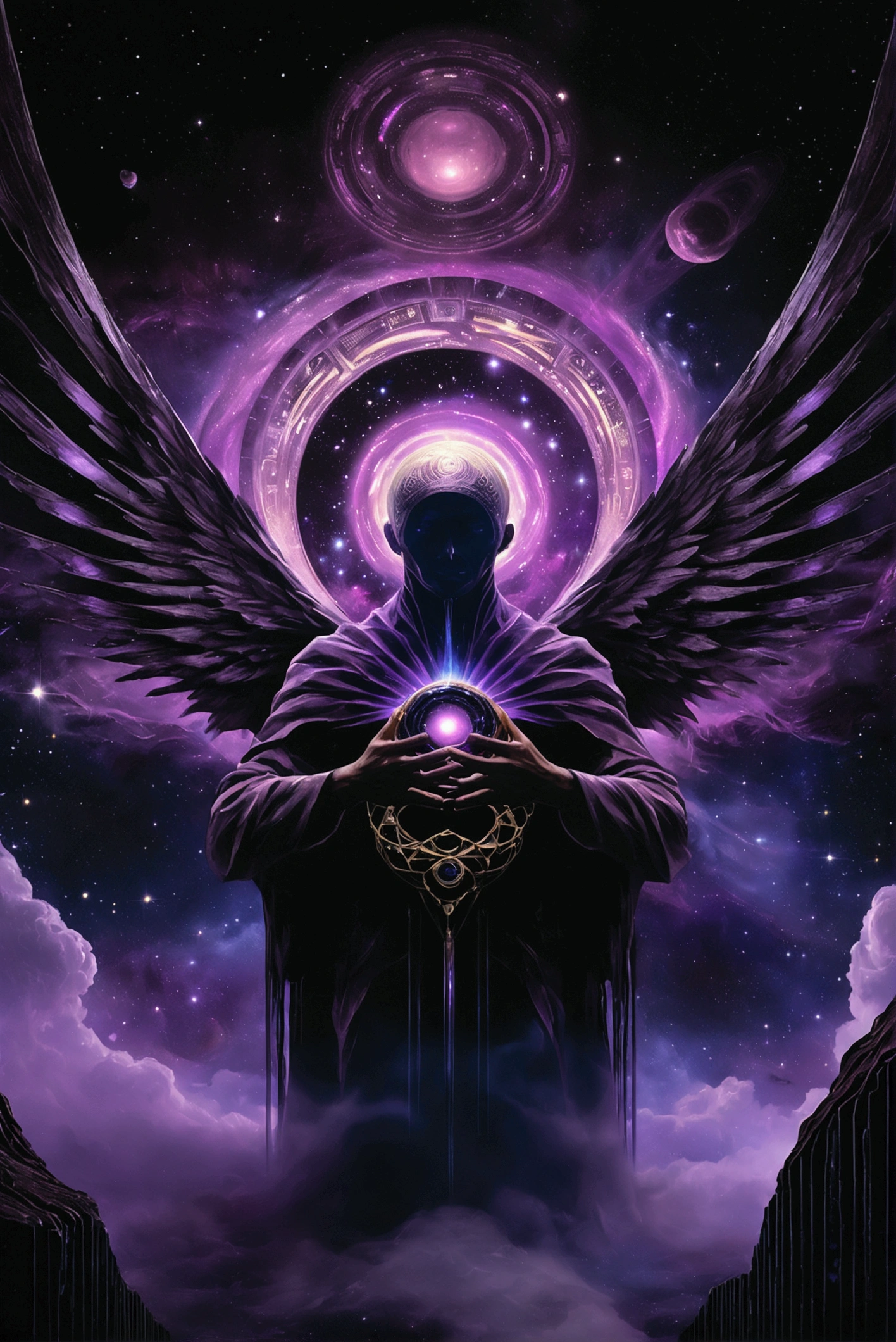 cosmic entity, ethereal violet aura, transcendental, mythical, colossal aspect, vast cosmos, holding triangular black hole, anatomically correct, precise, multiple views, depth of field, best quality, masterpiece, photorealistic, high resolution, dynamic lighting, volumetric, cinematic composition, epic scale, intricate details