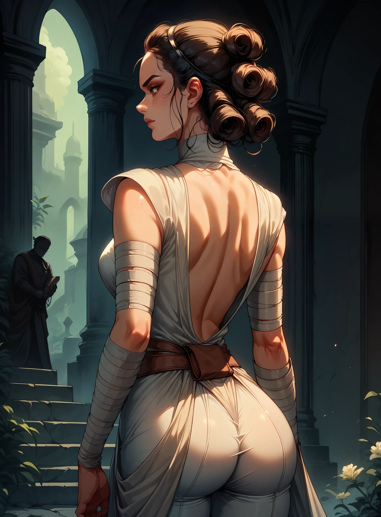 Rey in a lavish, dimly lit parlor, wearing a form-fitting, blue and white bodysuit that accentuates her curves, with lace-trimmed details and thigh-high boots. Her long, curled hair is adorned with a simple, elegant headpiece. She stands confidently, with her back arched slightly to highlight her tight and sexy butt. Use a high-detail, 8K cinematic style with a sensual, revealing closeup of her silhouette