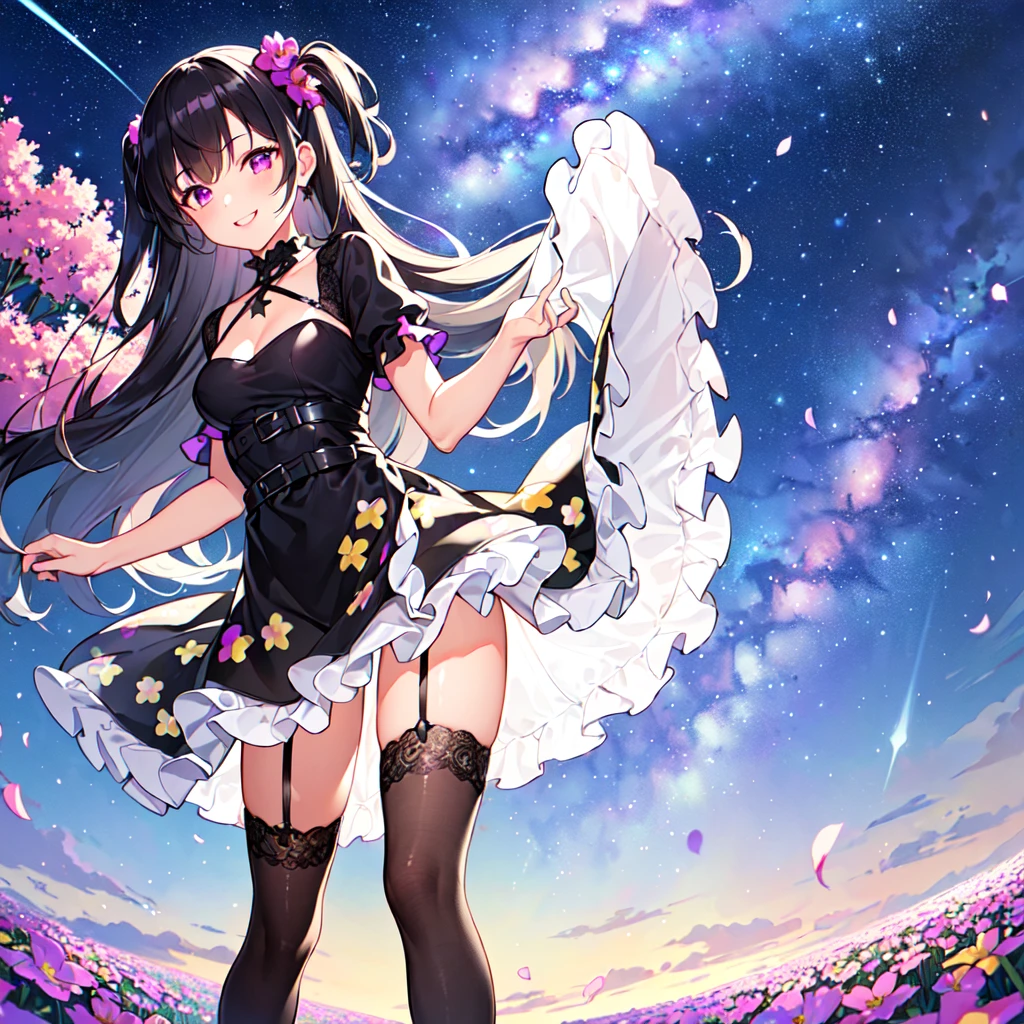 masterpiece, best quality, high quality, extremely detailed, very delicate and beautiful, (1 female 18 years old solo:1.5), (long black hair up to waist with two side up:1.5), bangs to eyebrows, eyes Eyes sharp and strong, glossy, eyebrows glossy, (eye color magenta:1.3), 6.5 head height, (summer mountaineering outfit:1.3), (smiling), (walking:1.3), (dynamic pose), (background summer mountain flowers forest:1.3) ,(Milky Way Night Sky:1.3)