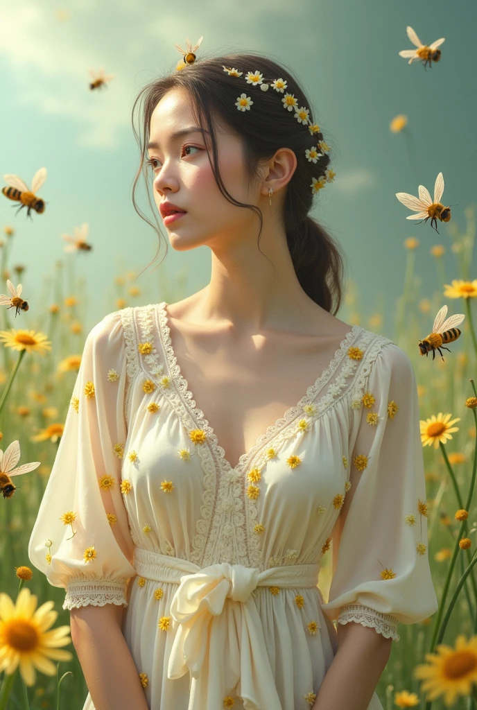 Girl covered in honey、whole body、Bees are flying、Flower Field、Beautiful Nature