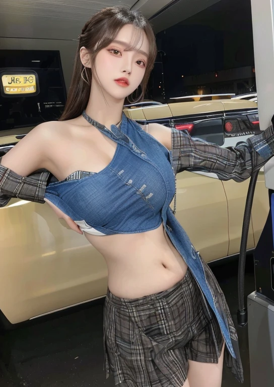 1girl, medium wide shot, detailed face, looking at viewer, tube top jacket, glowing choker, (cleavage, underboob:1.2), professional headphone, thigh, science fiction theme, (a big glowing magical stone intricately connected to advanced standing panel:1.4), computer racks in millions of wires, servers rack, tech lab, masterpiece, highest quality, realistic, fantastic, japanese, (, cute:1.3), straight messy medium hair, (mole:0.8), large breasts, black eyes, (tareme, v-shaped eyes), short eyebrows, wide eyes, bangs, broad nose, puffy cheeks,