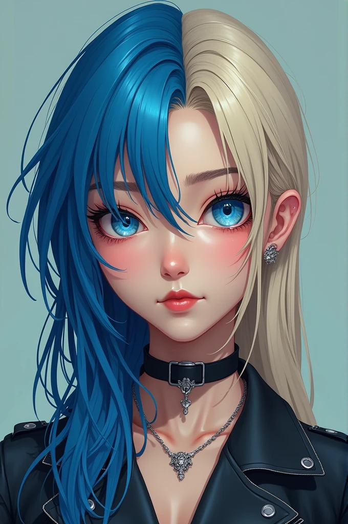 Make a woman half of her face be blue-haired oriental. And the other half is a blonde with blue eyes and long hair.. With a mocking smile and bright blue eyes. Sexy teen body. Dressed in loose-fitting cyberpunk clothes. But make two different faces of the same face, one oriental and one caucasian. Each half of the head has a different haircut, One side the cut goes down to the neck and the other is long hair