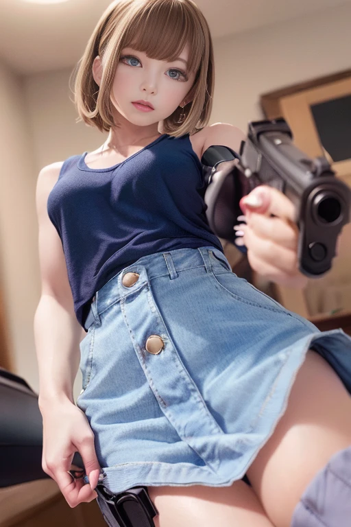 masterpiece, Best Quality, Super detailed, One girl, Alone, Medium breast、Slender body、Beautiful long legs、blue eyes, Short Hair, (Blue layered tank top, Pencil mini skirt with slit)、Combat Boots, Belly button、 Holster for viewers, (Pistol、リボルバーPistol)、Grab a pistol、((From below))、