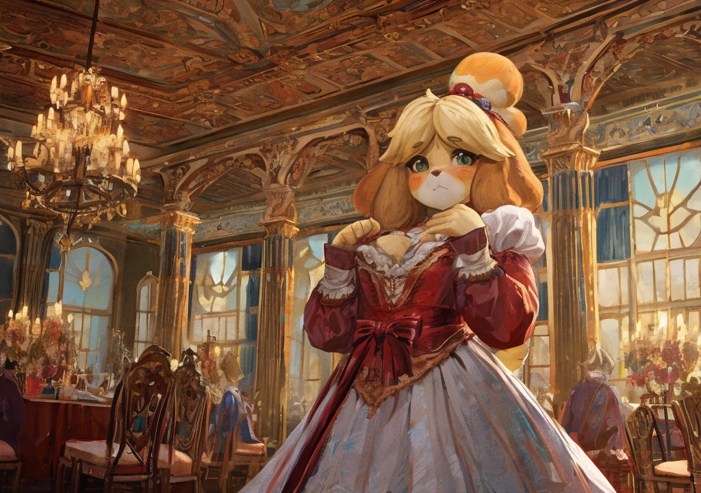 Isabelle from animal crossing, light green eyes, innocent doe eyes, and long light brown hair, wearing a stunning historical gown with jewels and lace, standing in a ballroom, shy and blushing, high quality, masterpiece