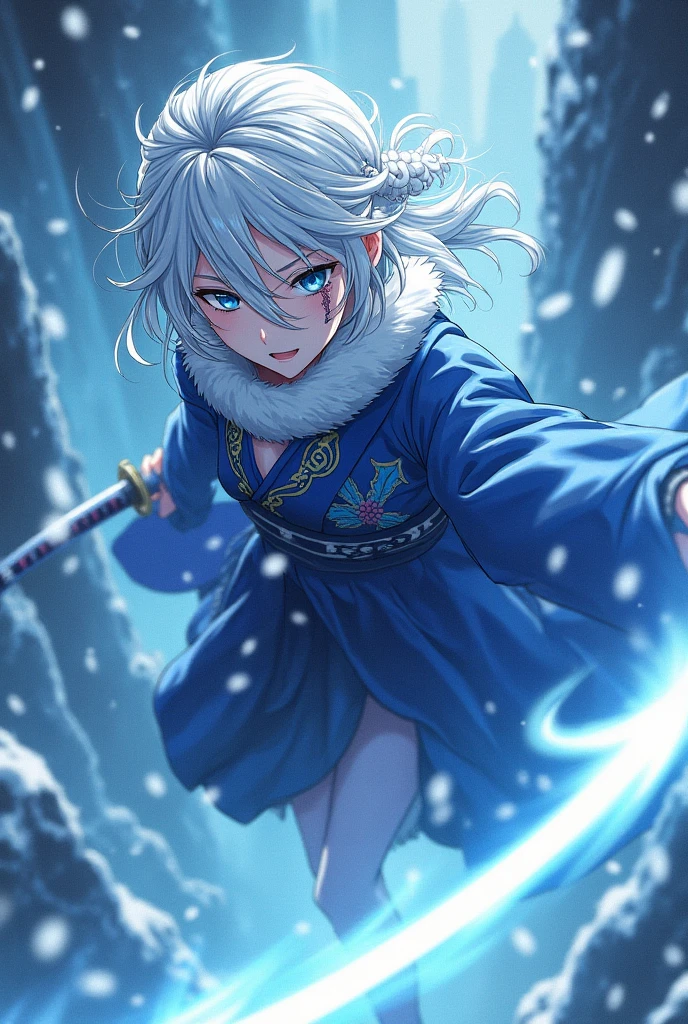 Ultra detailed, highres, absurd, Yùkî Gigaragira, white hair, Cold expressive blue eyes, white haori with patters of snowflakes, black demon slayer uniform, Kimetsu No Yaiba, fantasy, petals, white and blue flowers, beautiful, sexy young lady grabbing a sword, solo, magic, shining snowflakes, blue moon, best quality, extremely detailed face and eyes, snow, grabbing a sword