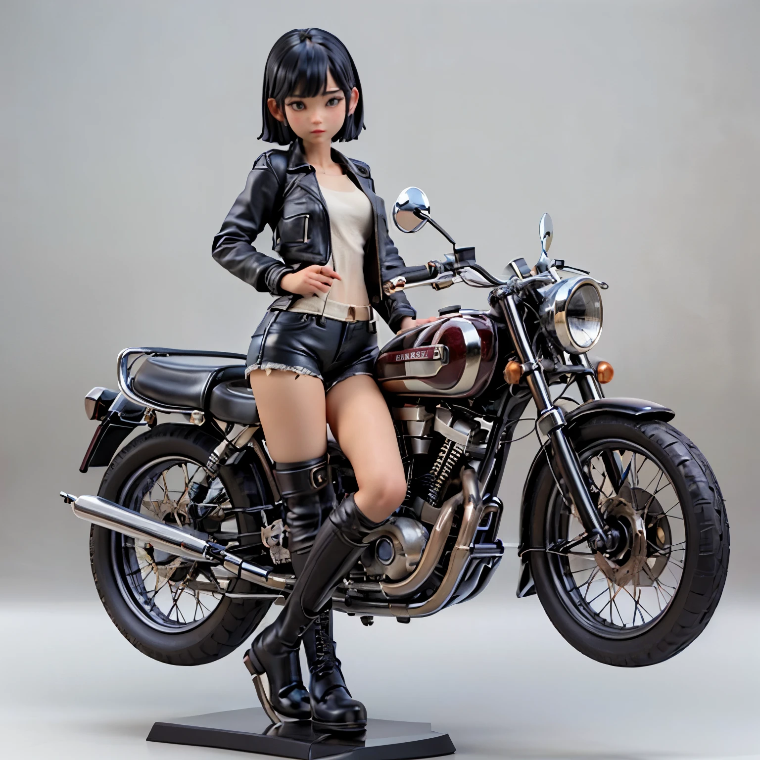 (Miniature photography)、(3D figure)、(Ride a classic motorcycle:1.2 )、beautiful Japanese girl、Beautiful Face, Black Hair, Short Bob Hair, Red classic leather jacket、leather shorts、boots、goggles、Take a photo of the entire bike、(White Background)、(Highest quality、High resolution、masterpiece)、(3d)、4K、8k、wallpaper、