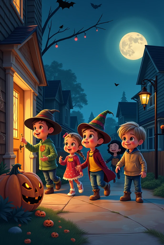 A group of kids dressed in creative Halloween costumes (like a vampire, werewolf, ghost, and mummy) walking down a street lined with old, spooky houses. The kids are holding jack-o'-lanterns and trick-or-treat bags.
