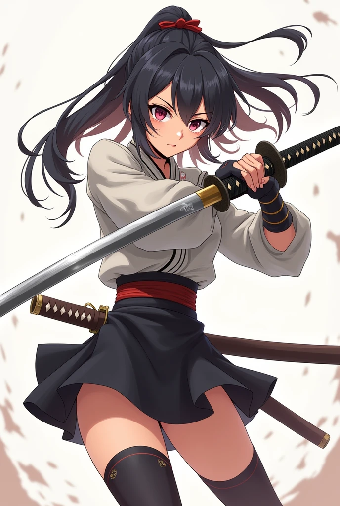 score_9, source_anime, BREAK from above,
1girl, black hair, red eyes, ninja, long hair, holding weapon, black thighhighs, boobplate, looking at viewer, parted lips, underwear, black panties, bangs, cowboy shot, medium breasts, indoors,