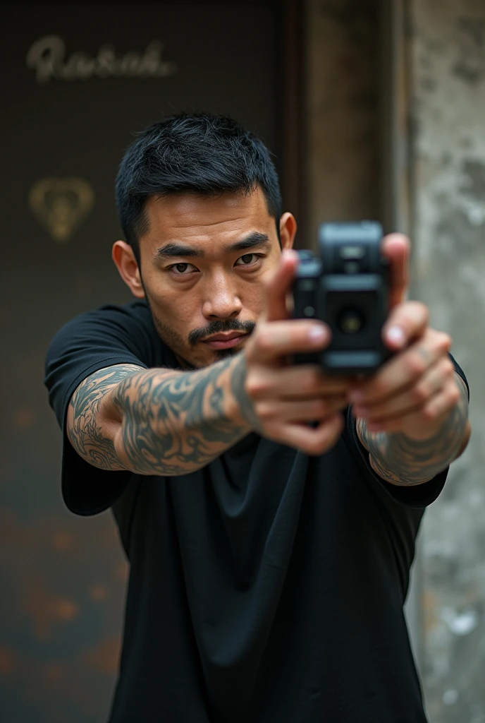 Korean man with tattoo, dark hair, muscular body and a gun in his hand
