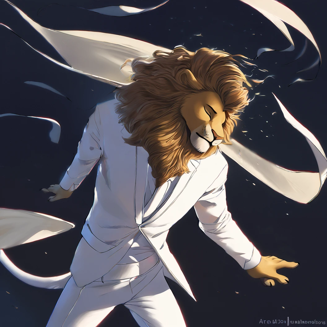 Art of a lion fursona, in Mane hairstyle, wearing a white suit, model pose, stopped, wind, with eyes closed, at night in low background lighting.