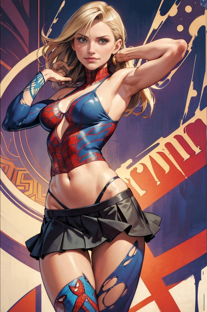 Cameron Diaz、Sticking out the navel、newyork、She wears a torn Spider-Man suit,wearing skirt、abstract photorealistic、artistic、Alphonse Mucha's painting(masterpiece、top-quality、hight resolution:1.4)、detaileds、複雑なdetaileds、4K、color splashes、line-drawing、Fibonacci、