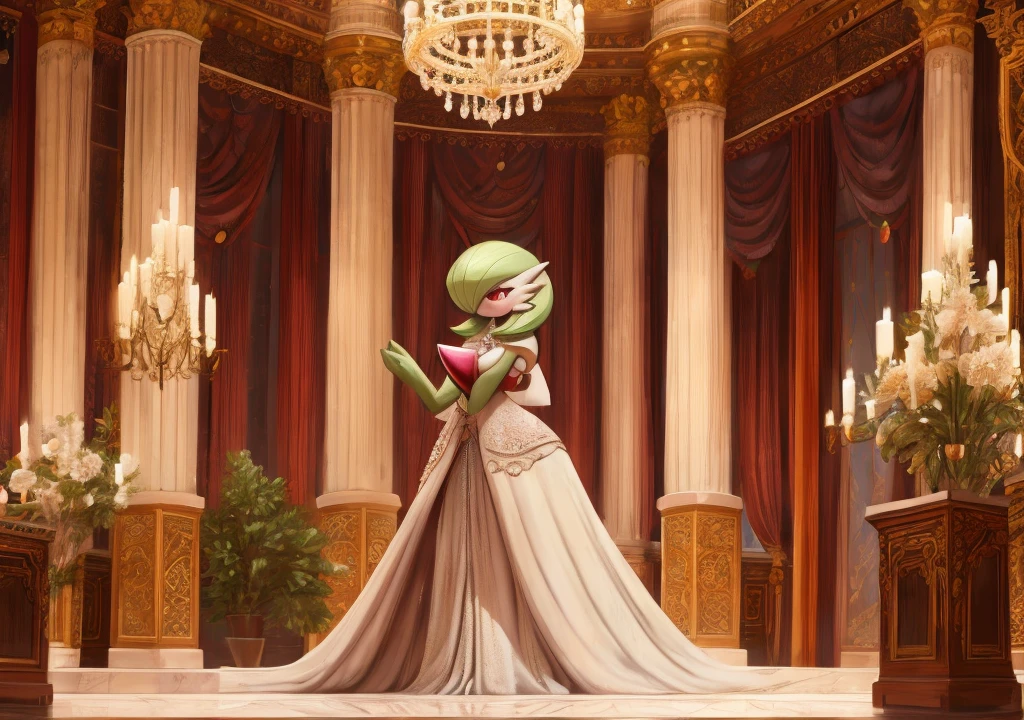 Gardevoir from Pokemon, innocent doe eyes, wearing a stunning historical gown with jewels and lace, standing shyly and blushing in an elegant ballroom, high quality, masterpiece, photorealistic, detailed facial features, detailed clothing, intricate lace and jewel textures, warm lighting, ornate ballroom interior, marble floors, columns, chandeliers