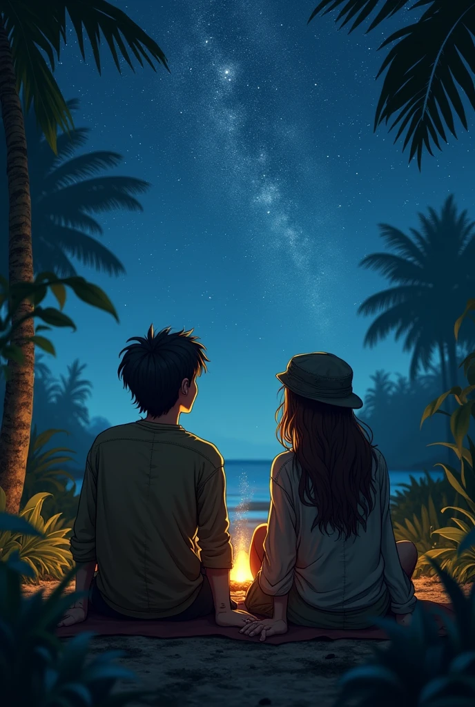 Table on the beach with two shots of tequila, salt and lemon, a bottle that says "charro" of tequila, half empty, two tomboy girls, one with a cap and a SPORT shirt and shorts, looking at the sea at night and toasting, they are sitting on a rock with their backs turned