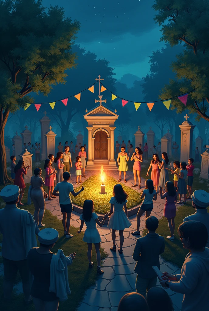 Dia de los muertos traditional ritual with few people. Add skulls. It's night