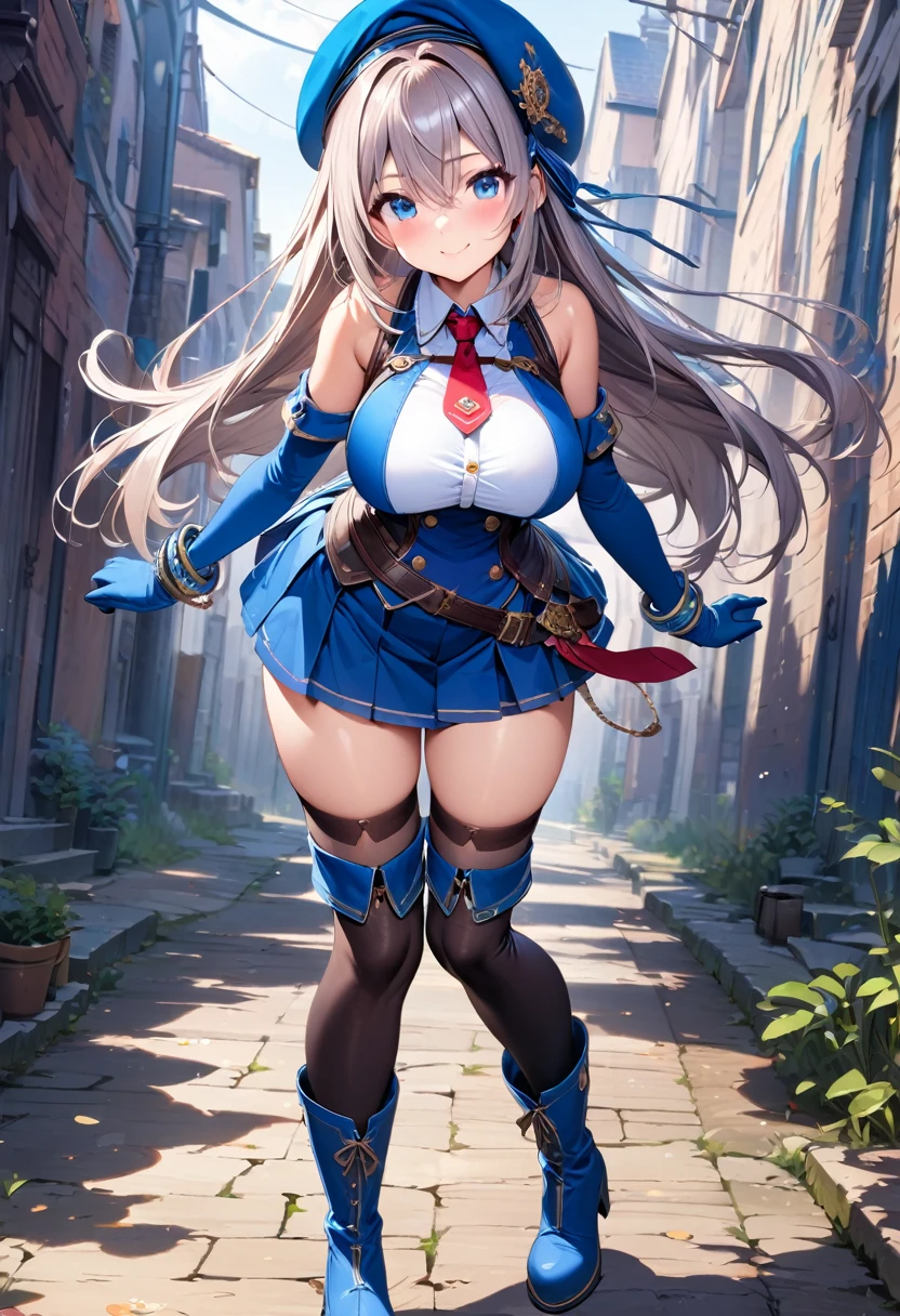 Highest quality,One girl,crowd,((((10 years old:1.3)))))),((Big Breasts:1.3)),Curvy,orgasm,blush,Grit your teeth, Sweat,Blonde,Long Hair,((腰当てarmor,White shirt,Blue Skirt:1.3)),mini skirt,Fantasy,((Under the skirt,Lace panties,White panties:1.1)),Knee-high,city,((Open shirt)),((Put your arms behind your back:1.1)),walking、Knee-highソックス、Long gloves、knight、armor