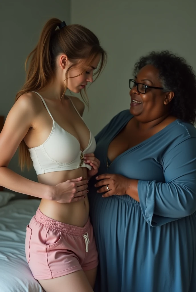 Create a photo of a 30 year old young woman, with long light brown hair with a lock of hair on her face, slender and beautiful body, wearing green sweatpants and an open white shirt without a bra with bare breasts, with white and clear skin, is facing the camera being hugged and lifted high into the air by an elderly black lady, dark-skinned, obese, did, lowrise, with short hair who is wearing a blue dress and glasses
