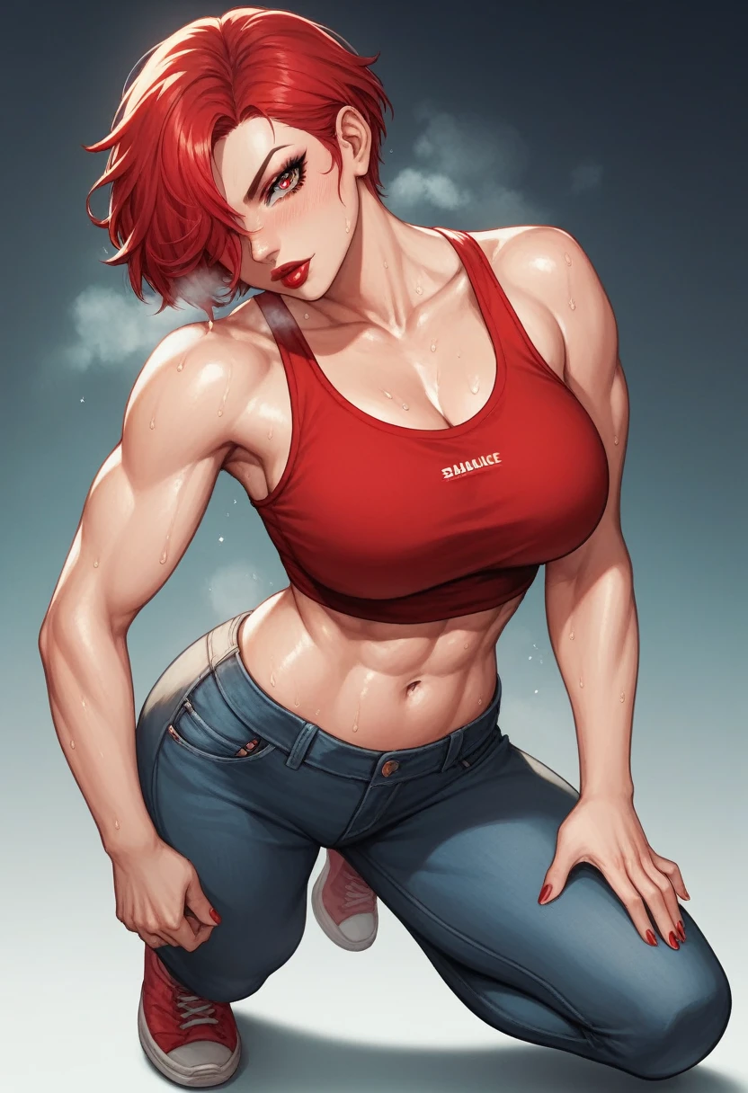 comics style realistic,young woman, 1, short red hair, blue gray eyes, athletic, muscular, floral tattoos, piercings,beautiful Boobs, hands in pockets, cold look