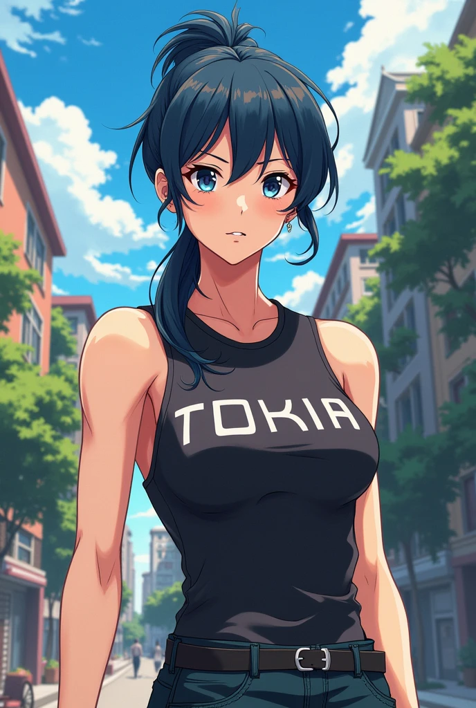 masterpiece, best quality, cowboy shot, forest, mature female:1.3, lips, parted lips, long eyelashes, tan skin:0.6, athletic body, (blue long hair), smile, salmon eyes, tank top, denin skirt, double-buns <lora:doubleBuns-000020:0.75> <lora:matureFemaleLoha_v420:0.4>