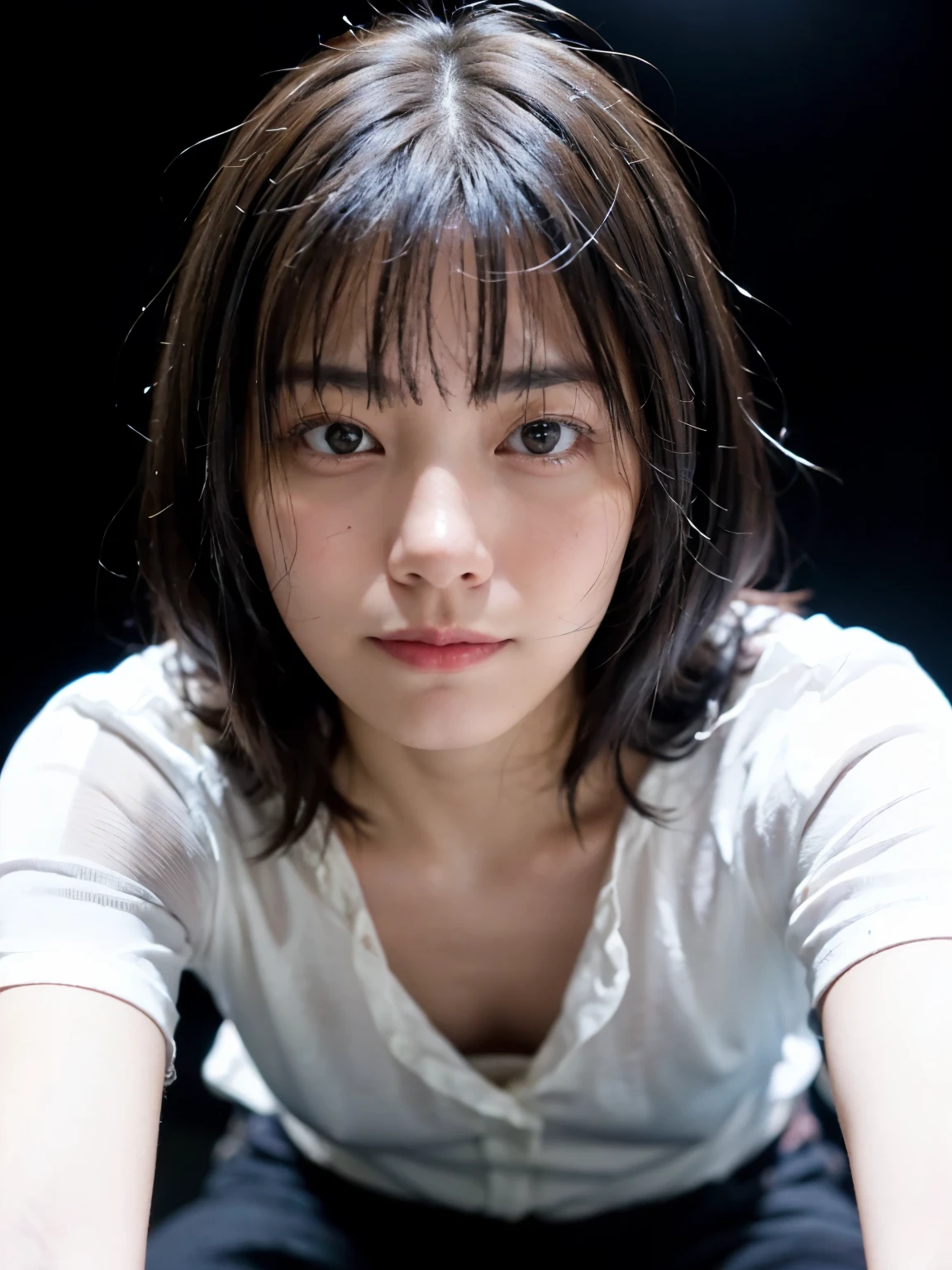 (masterpiece:1.2), (highest quality), (visible all over:1.3) ,(Super detailed), (8K, Complex), (lens 135mm,F1.8), (realistic)(black background:1.3), portrait photography, side lighting,edge lights up,best shadow,Area light source,perfect anatomy,perfect face shape,perfect for women,finest female body,improves skin texture,fine cloth pattern,Precise beauty,delicate and delicate skin，highly detailed skin，pale skin，delicate hair，glowing skin，Highly detailed face and skin texture, shiny skin, vivid details, 超realistic, Fine and beautiful skin, 1 female, 20 years old, japanese woman, (thin：Weight 1.0), small breasts:1.3, ((medium hair, straight hair, straight hair, bangs:1.3, brown hair))，perverted woman, (white blouse, mini skirt, nipple), (((Cowgirl))), A buttoned-up shirt flaps), (((frown、open your mouth、narrow your eyes))), (((from below:1.5, looking at the viewer:1.3))), POV, Female dog, NSFW, nipple slip, little smiling
