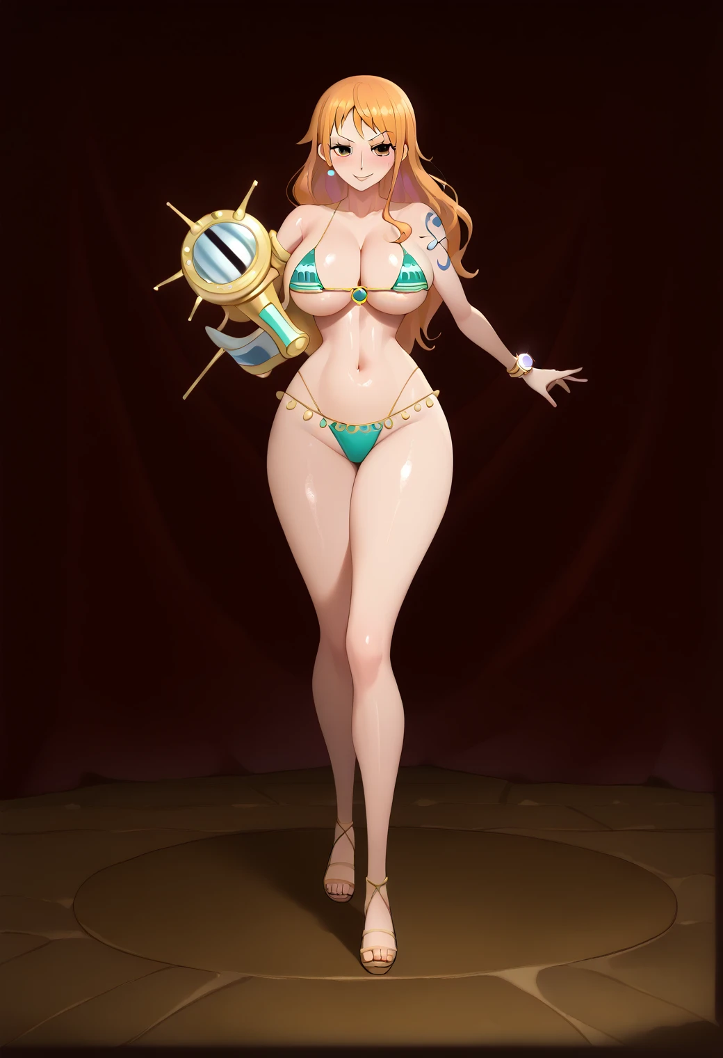 score_9,score_8_up,score_7_up,,1girl, nami, one piece pre-time skip, shiny skin, clothed female, wearing, nami, gyaru, full body, seductive, nami, bitch nami,, desert, Miraj, harem clothes, belly dance, live show, public throwing coins, concert, stage, lighting, purple harem clothes, venus bikini, fortune bikini, jewelry, navel, venus bikini, luxurious
