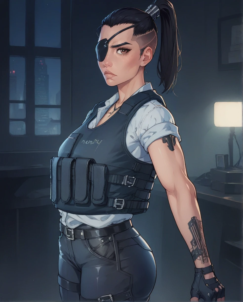 score_9,score_8_up,score_7_up, Regina,brown eyes,black eyepatch on right eye,black hair,ponytail,undercut, small breasts, fit toned body, wide curvy hips, big ass, police shirt,vest,cross necklace, fingerless gloves,spandex shorts, holsters, waist belt, belt with pouches, night,police office,science fiction,standing, serious expression, looking at viewer, from the side, solo, 