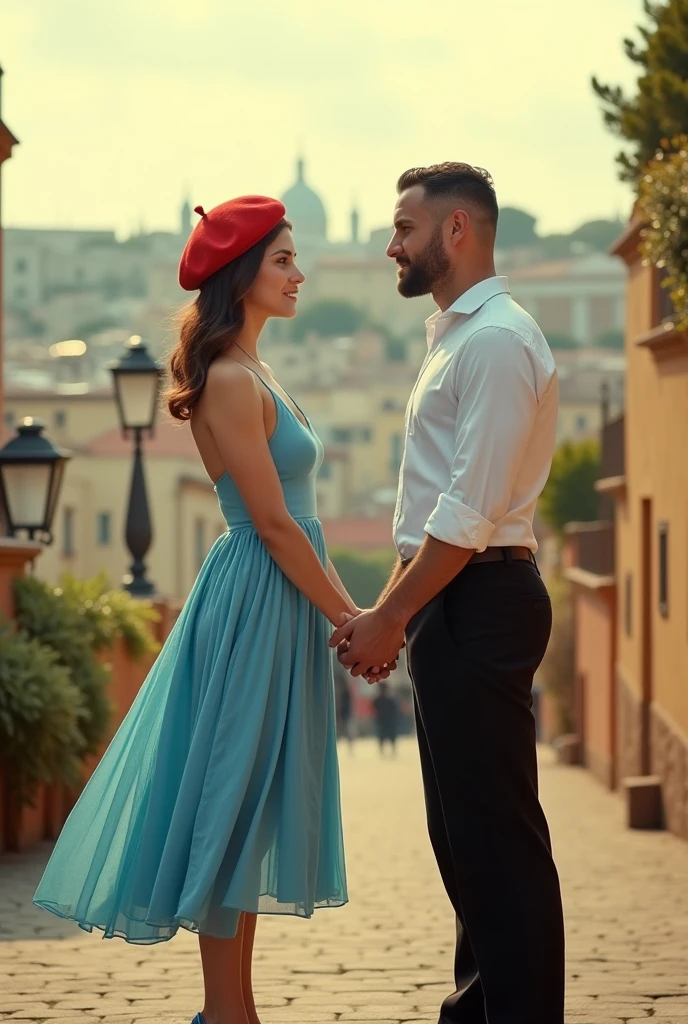 Tetouan, 1937. portrait of A young ((((25-year-old)) Sira Quiroga)), beautiful, skinny, hugging english boyfriend Marcus Logan, ((((sad farewell)))), ((((clothings from the 1930s)))), ((hairstyle of the 1930s)), ((colorful))