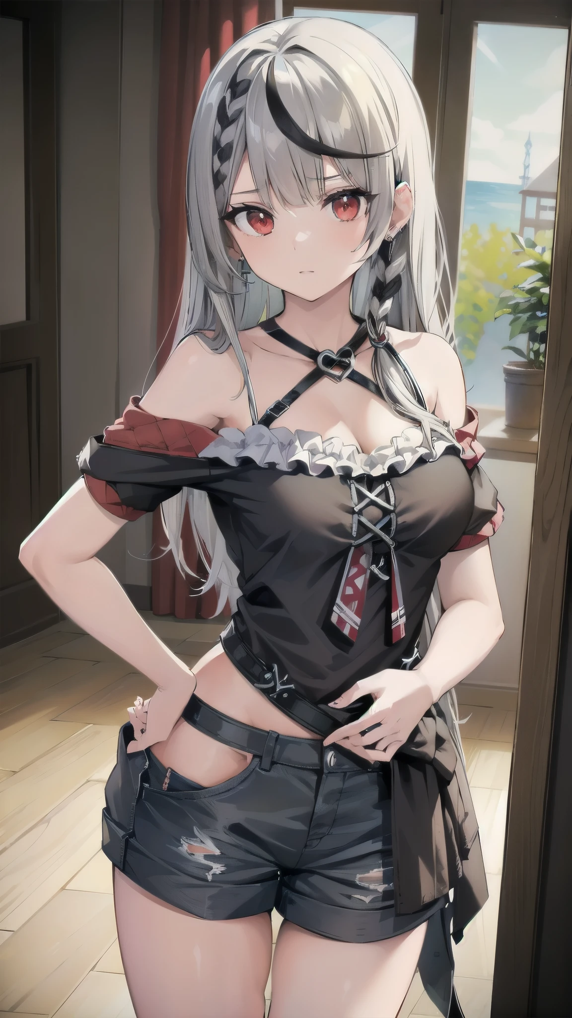 8k, High resolution, ultra detailed, (masterpiece:1.4), Best Quality, One girl , Asymmetrical Hair , Black Hair , Black Shirt , Braiding , Clevis , Cowlick , Denim shorts, two-part bangs , Frills , Gray Hair , Put your hands on your hips , indoor , Long Hair , large chest , , Multicolored Hair ,Earrings , pov , Red eyes , Shorts , Shoulder cutouts , side Braiding , single Braiding , Standing ,