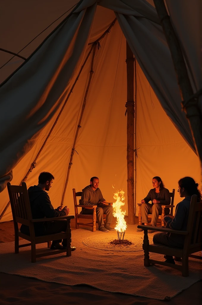 one (((circle of people)) sitting around a campfire, in an enclosed place, rubble, dark, midnight, smoke, view from above, camera open