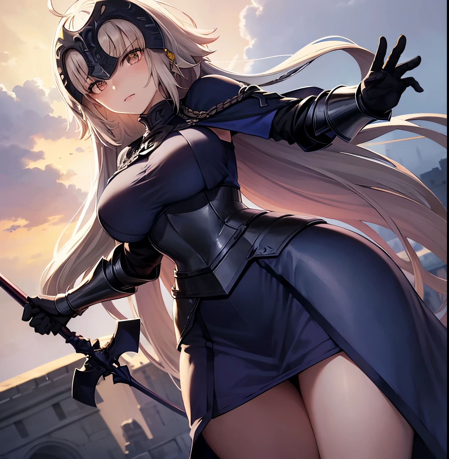 ((1girl)),((alone)),jeanne_d'arc, \( Fate\),(masterpiece), (best quality), (ultra detailed), (best illustration), (best shadow), (absurdities) , sharp focus, cowboy shot, atmospheric perspective, depth of field, dynamic posture, ((looking at viewer)), large breasts, narrow waist, wide hips, medium thighs, round butt, erotic, romantic, (highly detailed eyes, lips 1.1), highly detailed eyes, eyes, Highly detailed face, Very beautiful face, Symmetrical face, Aesthetic face, perfect face, perfect eyes, detailed eyelashes: 1.5), full height, beautiful slim figure, femininity, expressive appearance, big breasts elastics, sexuality, half-open lips, white and light skin, blonde hair, long hair, simple braid, long braid, blue cape, blue shirt, armor, armored dress, blue dress, gauntlets, armor, dress_armor, cape, dress, faulds, flag, thighs, holding, weapon, black thighs, purple eyes, long braid, sword ,curves, defined body,Perfect and beautiful body, perfect and beautiful, calm look, closed mouth,((stoic expression)),blushing,(sexy pose: 1.2), ((solo)), standing: 1.3,((exterior , medieval landscape, green moor, trees, castle, catapults, rubble, weapons, rainy landscape, clouds,)), Looking forward ,((focus on hips:1.4)), point of view :(from below), perfect anatomy, perfect hands