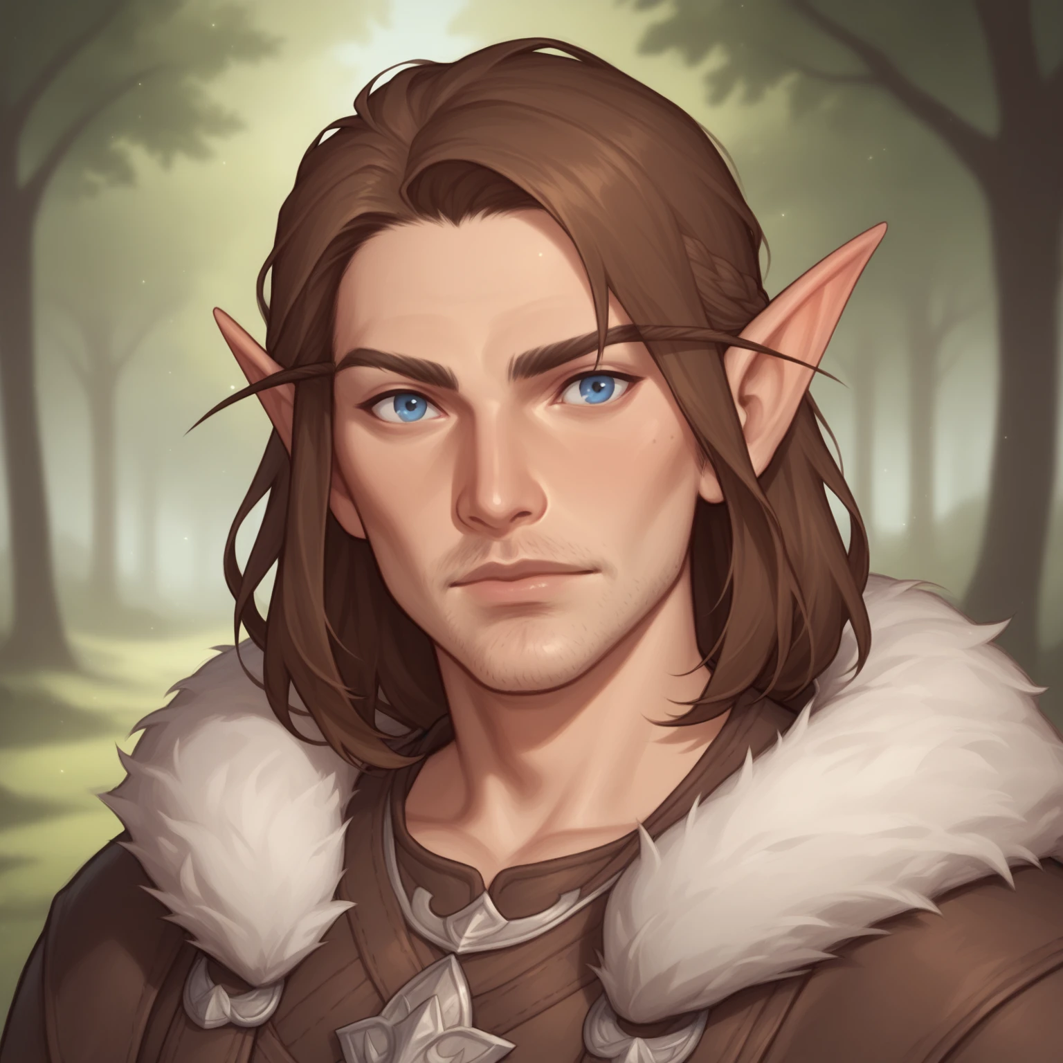 (((high quality, comics style, detailed face))), score_9, score_8_up, score_7_up, BREAK, bust shoot view, solo, A 40 years old man:1.1, male elf, long brown hair, wide neck, pointed ears, druid warrior, fur clothes, stubble, (upper body:1.1), contempt expression, tundra, fantasy outside, blurred background, Expressiveh, detailxl