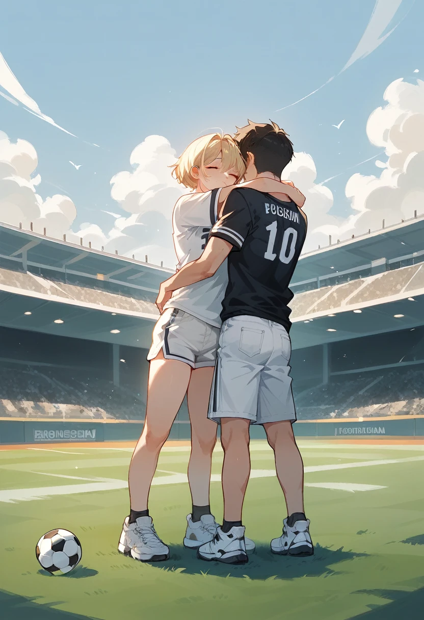 an attractive and sexy man without a shirt, wearing only white shorts, black soccer cleats, hugging a beautiful woman with short hair and bangs, wearing a big long t-shirt showing his back, shorts jeans, white sneakers, standing on a football field