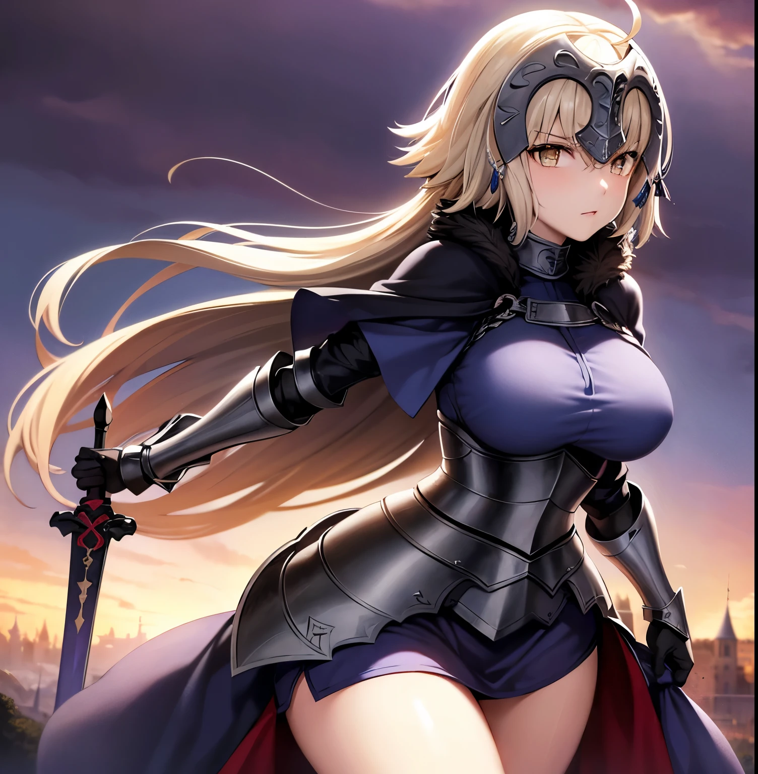 ((1girl)),((alone)),jeanne_d'arc, \( Fate\),(masterpiece), (best quality), (ultra detailed), (best illustration), (best shadow), (absurdities) , sharp focus, cowboy shot, atmospheric perspective, depth of field, dynamic posture, ((looking at viewer)), large breasts, narrow waist, wide hips, medium thighs, round butt, erotic, romantic, (highly detailed eyes, lips 1.1), highly detailed eyes, eyes, Highly detailed face, Very beautiful face, Symmetrical face, Aesthetic face, perfect face, perfect eyes, detailed eyelashes: 1.5), full height, beautiful slim figure, femininity, expressive appearance, big breasts elastics, sexuality, half-open lips, white and light skin, blonde hair, long hair, simple braid, long braid, blue cape, blue shirt, armor, armored dress, blue dress, gauntlets, armor, dress_armor, cape, dress, faulds, flag, thighs, holding, weapon, black thighs, purple eyes, long braid, sword ,curves, defined body,Perfect and beautiful body, perfect and beautiful, calm look, closed mouth,((stoic expression)),blushing,(sexy pose: 1.2), ((solo)), standing: 1.3,((exterior , medieval landscape, green moor, trees, castle, catapults, rubble, weapons, rainy landscape, clouds,)), Looking forward ,((focus on thighs:1.4)), point of view :(from below), perfect anatomy, perfect hands