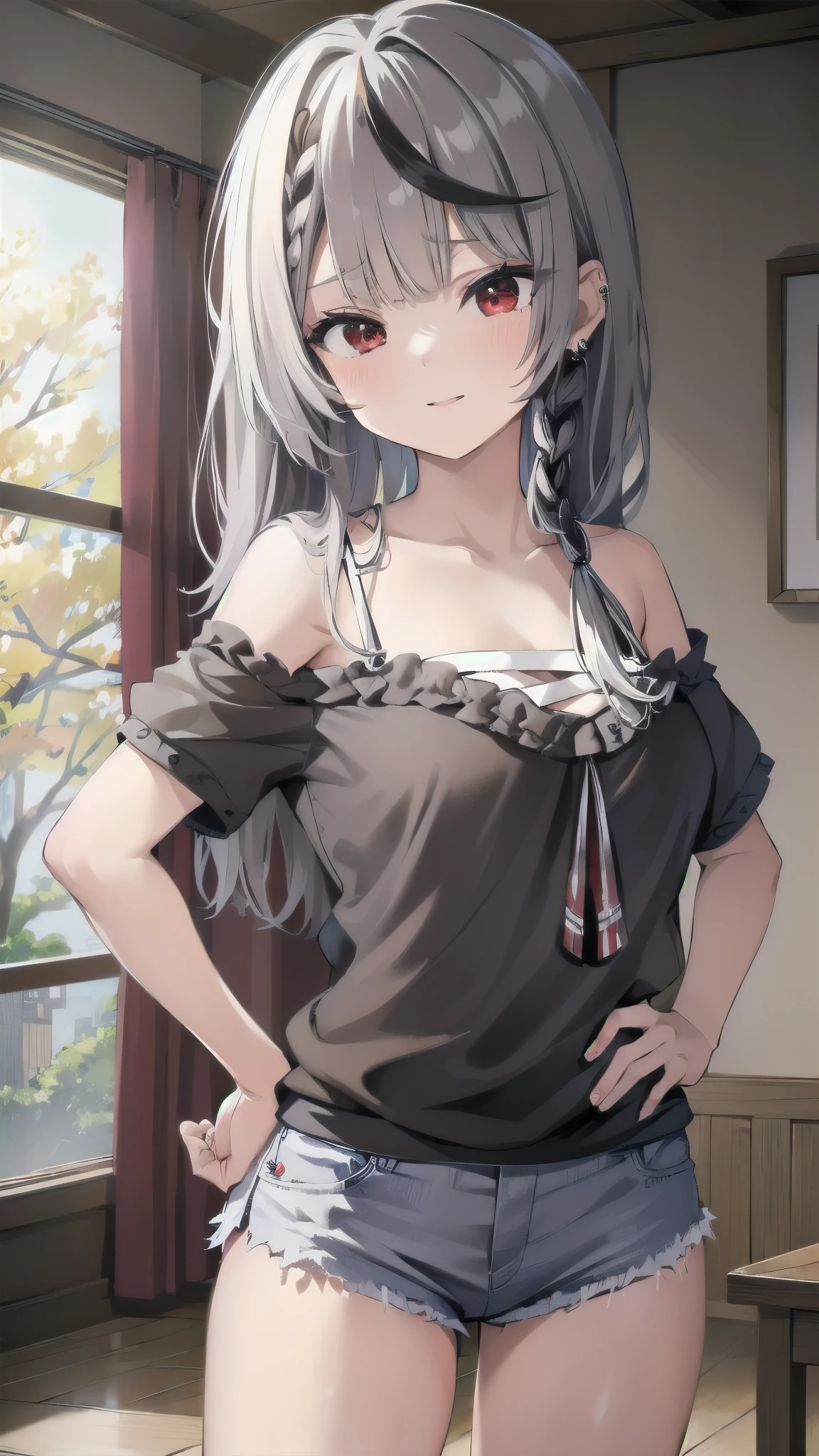 ((1 Beautiful Beautiful Girl)),(((detail portrayal))),(((Gray hairs))),(((Fetishes))),(((Braids1One))),(((a small face))),(((Less bangs))),(((Trimmed bangs))),(((Yellow eyes))),(masterpiece)), (((Hanging eyes))),((top-quality)),((Vivid light and shadow depiction)), (The ultra-detailliert), ((kawaii)), cute little, (Detailed body line depiction), ((detailed face depiction)),((ighly detailed)), (8K), top-quality, (Beautiful fece),(((World-class quality))), ighly detailed, hight resolution,(((Anime filling))),(((large udder))),(((小柄))),(((red lace dress))),(((lift up one's skirt))),(((is standing))),(((de pele branca))),(((Inside the girl's room))),(((kindly smile))),(((White lace panties)))
