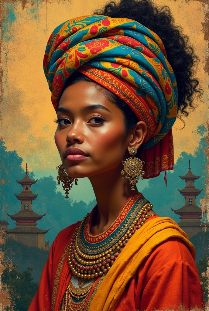(a) Brazilian woman, (comely, detailded, tenebrosa, deep) eyeballs, (comely, detailded, full-featured) lips, (far away, thick) eyelash, (Expressive:1.1), (maroon, blackw) body hair, (sun-kissed, bright sunny) Skinned, [playful] expression, [javanese, traditional, cultural] tenue, [Vibrant, colorfully] Batik Dress, [fashionable, ornated] Headscarf, [playfull-featuredy, gracious, Energetic] movimentos, (happy:1.1), (chilled out, carefree) stance [busy, spirited, peaceful, serene] (Javanese style) [Garden, park], [exuberante, Unripe, fertil, tropical] paisaje, (comely, scenic, naturals) elements, [dancing] ombre, [nice, happy, rustle] Sheets, [Melodious] [gamelão, guitar] music, (rustic, traditional) [Joglo, pavilion] architechture, [ornated, traditional, javanese] catchlights, [intrikate, detailded] sculptures, [colorfully, Vibrant] floral decorations (best qualityer, 4K, 8k, high resolution, work of art:1.2), ultra-detailded, (realisitic, photorealisitic, photo-realisitic:1.37), [HDR, ultra HD], [studio lighting, beautifull-featuredy, sunlit], (vivid, naturals) colors, (harmonious, Radiant) Paleta de colors, [subtle, warm up, ground] tons, [sunlit pelo sol, soft] illuminations
