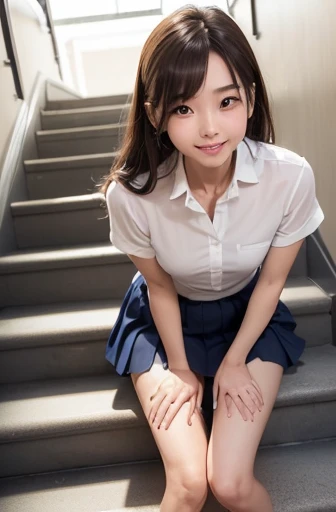 zydG, 1girls, Front view, More skin, looking away, brown-eyed, (Ponytail with bangs:1.2), (large tits:1.0), (Big Areola:0.8), smile with white teeth,(photorealestic:1.4), (Top image quality:1.0), (UltraHighResolution:1.0), 8K, Raw photography, (A masterpice:0.2), (school uniform), (plaid skirt),((panty shot)),((frilled panties)),(sweat, wetty:1.1), portlate, facefocus,ful body,(pureerosface_v1:0.5), sitting, (spead legs :1.0),in the train,