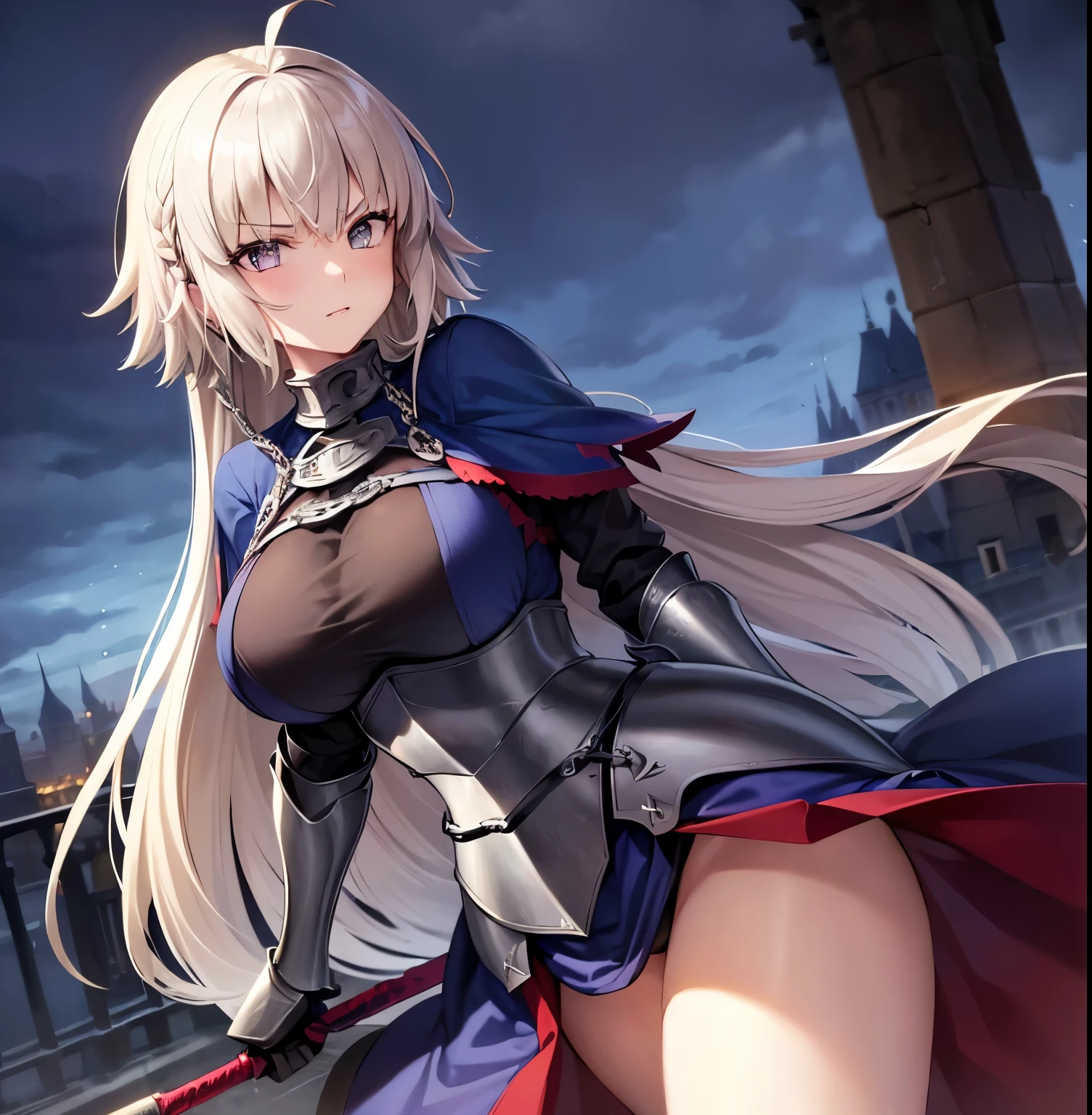 ((1girl)),((alone)),jeanne_d'arc, \( Fate\),(masterpiece), (best quality), (ultra detailed), (best illustration), (best shadow), (absurdities) , sharp focus, cowboy shot, atmospheric perspective, depth of field, dynamic posture, ((looking at viewer)), large breasts, narrow waist, wide hips, medium thighs, round butt, erotic, romantic, (highly detailed eyes, lips 1.1), highly detailed eyes, eyes, Highly detailed face, Very beautiful face, Symmetrical face, Aesthetic face, perfect face, perfect eyes, detailed eyelashes: 1.5), full height, beautiful slim figure, femininity, expressive appearance, big breasts elastics, sexuality, half-open lips, white and light skin, light blonde hair, long hair, simple braid, long braid, blue cape, blue shirt, armor, armored dress, blue dress, gauntlets, armor, dress_armor, cape, dress, faulds , flag, thighs, holding, weapon, black thighs, purple eyes, long braid, sword ,curves, defined body,Perfect and beautiful body, perfect and beautiful, calm look, closed mouth,((stoic expression)),blushing,(sexy pose: 1.2), ((solo)), standing: 1.3,((exterior , medieval landscape, green moor, trees, castle, catapults, rubble, weapons, rainy landscape, clouds,)), Looking forward ,((focus on breasts:1.4)), point of view :(from above), perfect anatomy, perfect hands