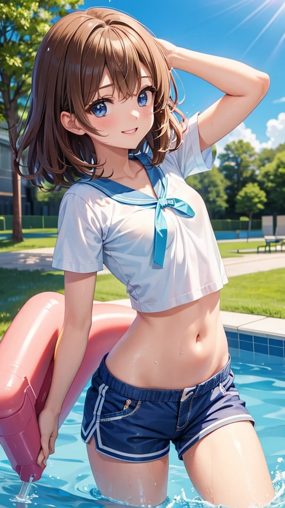 A beautiful anime girl, very beautiful face, happy face, happy smile , medium hair, light brown hair, wet hair, blue eyes, happy face, Sakura Kinomoto, very detailed eyes, dentro de pool, view from above, beautiful body, small breasts, thin thighs, look at the viewer, shorts, short sports shirt, shows the navel, water gun, making a victory sign, beautiful female body, body 1:3 ,  pool, people in the background, Maximum quality, Perfect anatomy, masterpiece, HD, well detailed 
